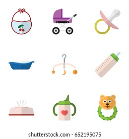 Flat Child Set Of Tissue, Nipple, Pinafore And Other Vector Objects. Also Includes Rattle, Bear, Baby Elements.