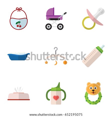 Flat Child Set Of Tissue, Nipple, Pinafore And Other Vector Objects. Also Includes Rattle, Bear, Baby Elements.