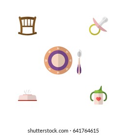 Flat Child Set Of Tissue, Nursing Bottle, Infant Cot And Other Vector Objects. Also Includes Nipple, Soothers, Box Elements.