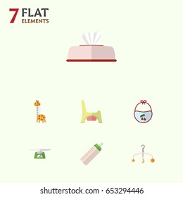 Flat Child Set Of Toilet, Feeder, Tissue And Other Vector Objects. Also Includes Weighing, Pinafore, Baby Elements.