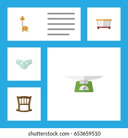 Flat Child Set Of Toy, Infant Cot, Children Scales And Other Vector Objects. Also Includes Pampers, Diaper, Infant Elements.