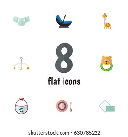 Flat Child Set Of Toy, Napkin, Baby Plate And Other Vector Objects. Also Includes Toy, Diaper, Pampers Elements.