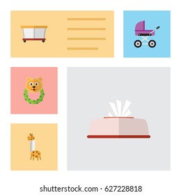 Flat Child Set Of Toy, Playground, Tissue And Other Vector Objects. Also Includes Tissue, Giraffe, Stroller Elements.