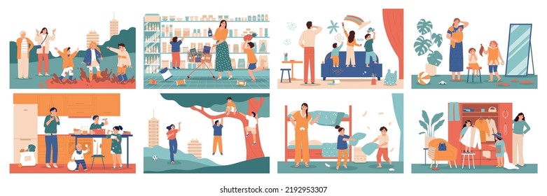 Flat childhood pranks set with parents and playful children making mess and misbehaving isolated vector illustration