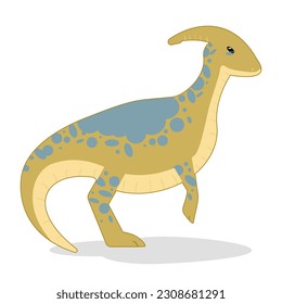 Flat in childish, cartoon style image of funny, cute parasaurolophus dinosaur, dragon