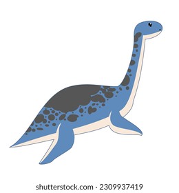 Flat in childish, cartoon style image of a funny, cute plesiosaur dinosaur, dragon