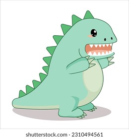 Flat in childish, cartoon style image of a funny, cute talking dinosaur, dragon