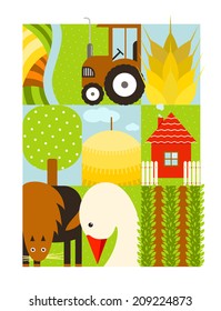 Flat Childish Rectangular Agriculture Farm Set. Country design collection. Vector layered EPS8 illustration.