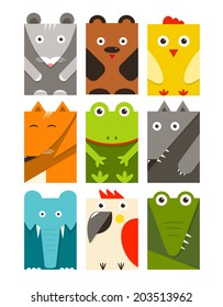 Flat Childish Rectangular Animals Set. Animals design collection. Vector layered EPS8 illustration.