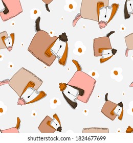 Flat childish vector seamless pattern illustration with hand drawn dogs with daisy. Scandinavian vector background  for kids apparel, fabric, textile, nursery decoration, wrapping paper and print.