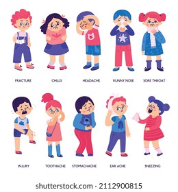 Flat-Child-Erkrankung Reihe von isolierten Jungen und Mädchen, die an verschiedenen gesundheitlichen Problemen leiden, einschließlich Fraktur-Zahnschmerz-Vektorgrafik