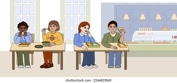 Flat children eat food in school canteen. Happy multiracial kids sitting at table and eating sandwiches from container boxes. Cafeteria interior with chairs, tables and counter bar.