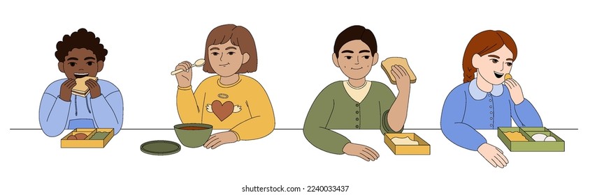 Flat children eat food, snacks from container boxes in preschool or kindergarten. Happy multiracial kids sitting at table and having lunch or breakfast in school canteen cartoon vector illustration.