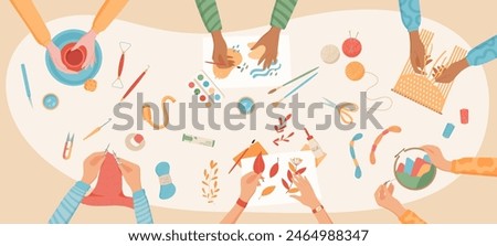 Flat children handmade hobby collection, colorful handcraft knitting and pottery art class background, cartoon hands make handicraft craftwork group illustration, creative DIY workshop banner.