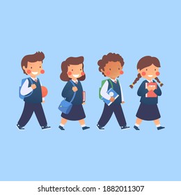Ilustración de niños planos de vuelta a la colección escolar, uniforme infantil, habla, va a la escuela, vector