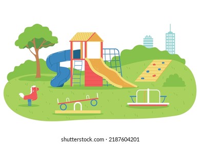 Flat children playground composition an empty bright playground with carousel swings and slides vector illustration