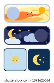 Flat children's illustration of the concept of a user interfaces element on and off, day and night, sun and moon. Day and night button.