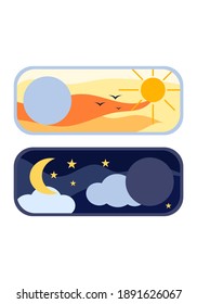 Flat children's illustration of the concept of a user interfaces element on and off, day and night, sun and moon. Day and night button.