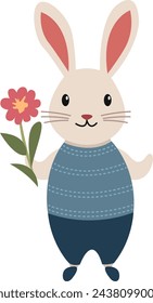 Ilustración plana de los niños de un conejo en la ropa con un ramo de flores. Personaje de dibujos animados para tarjetas y banners. Vector conejo en una chaqueta y pantalones aislados del fondo