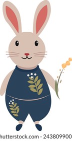 Ilustración plana de los niños de un conejo en la ropa con un ramo de flores. Personaje de dibujos animados para tarjetas y banners. Vector conejo en una chaqueta y pantalones aislados del fondo