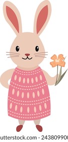 Ilustración plana de los niños de un conejo en un vestido con un ramo de flores. Personaje de dibujos animados para tarjetas y banners. Vector conejo en la ropa aislada del fondo