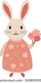 Ilustración plana de los niños de un conejo en un vestido con un ramo de flores. Personaje de dibujos animados para tarjetas y banners. Vector conejo en la ropa aislada del fondo