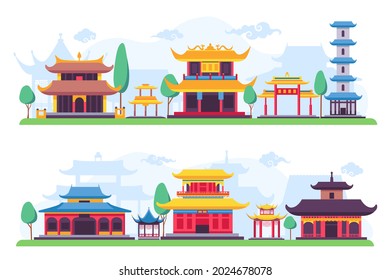 Flat chinatown or ancient chinese city street landscape. Asian old buildings house, temples and pagoda. Cartoon china town vector. Illustration of traditional house landmark, famous city architecture