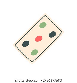 Flat chinese mahjong tile design. Mahjong game piece with colorful dots and simple layout. Puzzle element for boardgame or table play, perfect for hobby activities, classic style entertainment, ideal
