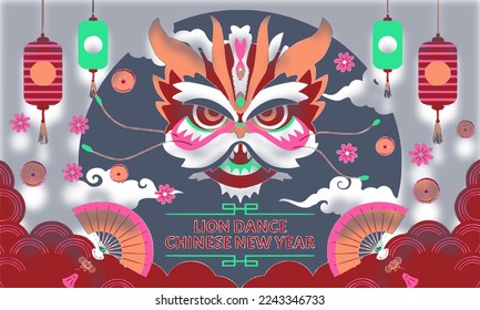 Flat chinese new year 2023 background vectors dancing lion lunar new year holidays celebrate