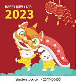 Flat Chinese New Year 2023 Greeting Card. Happy Lunar Year. Year of Rabbit Water. New Year greeting card. Vector backgrounds. The rabbits playing the lion dance.