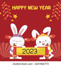 Flat Chinese New Year 2023 Greeting Card. Year of Rabbit Water. CNY greeting card. Vector backgrounds. The bunnies carrying Chinese new year greeting banner