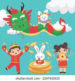 Flat Chinese New Year 2023 Greeting Card. The year of Rabbit Water. CNY 2023 greeting card. Vector backgrounds. A cute boy and a bunny holding the red envelope, and a cute girl holding a golden coin