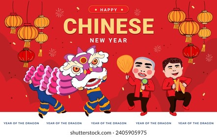 flat chinese new year lion dance illustration for celebration