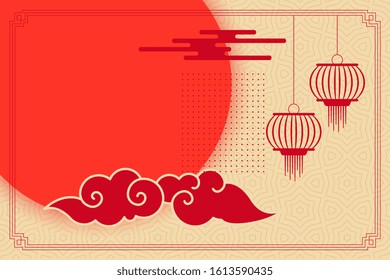 flat chinese theme background with lantern and clouds