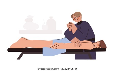 Flat chiropractor treating pain in lower back. Patient lying down on couch and doctor osteopath pressure to spine with elbow. Physiotherapist massaging to man. Rehabilitation or manual therapy.