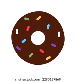 Flat chocolate glazed donut isolated on white background with colorful sprinkles. Tasty baked unhealthy dessert closeup object. Brown doughnut with frosting top Yummy treat design vector illustration.