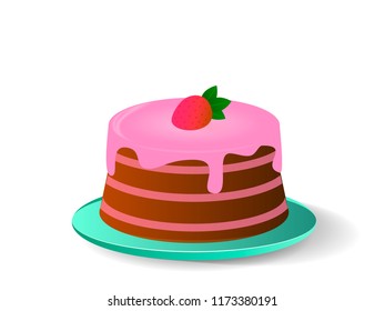 Flat chocolate-strawberry cake isolated on white background. Vector illustration