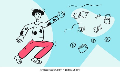 Flat Chracter Run For Money With Confused Emotion For Banking And Activity. Vector Illustration In Doodle Style On Blue Background. Person Lost Earnings Vector.