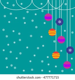 Flat Christmas Background with decorations and falling snowflakes on a blue background