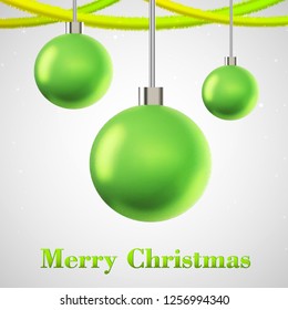 Flat christmas background with three green balls and ribbons vector illustration