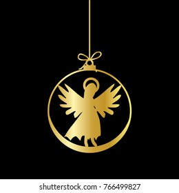 Flat Christmas Ball with Bow and Angel. Vector  Bauble with  Gold Angel decorative xmas ornament. Illustration isolated on black background. Silhouette Icon Symbol Design. 
