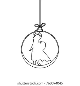 Flat Christmas Ball with Bow, Maria and  Baby Jesus Christ. Vector Outline  Bauble with Mother Maria and Baby Jesus Figure decorative xmas ornament. Illustration isolated on white background. 