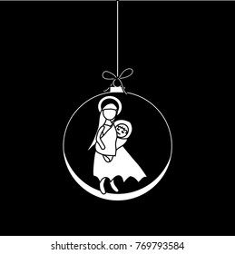 Flat Christmas Ball with Bow, Maria and  Baby Jesus Christ. Vector  Bauble with Mother Maria and Baby Jesus Figure decorative xmas ornament. Illustration isolated on black background. 