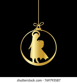 Flat Christmas Ball with Bow, Maria and  Baby Jesus Christ. Vector Gold Bauble with gold Mother Maria and Baby Jesus Figure decorative xmas ornament. Illustration isolated on black background. 