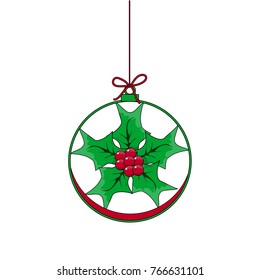 Flat Christmas Ball with Bow and  Mistletoe. Vector Bauble with green and red Holly Berry decorative xmas ornament. Illustration isolated on white background. Silhouette Icon Symbol Design. 