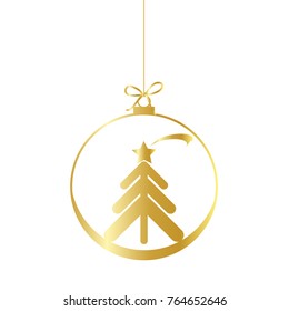 Flat Christmas Ball with Bow Silhouette Icon Symbol Design. Vector Christmas Gold Bauble with Tree illustration isolated on white background
