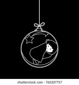 Flat Christmas Ball with Bow, Star and  Baby Jesus Christ. Vector Bauble with Baby Jesus Figure decorative xmas ornament. Illustration isolated on black background. Silhouette Icon Symbol Design.