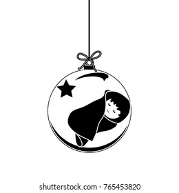 Flat Christmas Ball with Bow, Star and  Baby Jesus Christ. Vector Bauble with decorative xmas ornament. Illustration isolated on white background.  