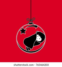Flat Christmas Ball with Bow, Star and  Baby Jesus Christ. Vector Bauble with Baby Jesus Figure decorative xmas ornament. Illustration isolated on red background. Silhouette Icon Symbol Design.