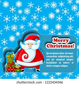 Flat christmas card with santa claus on blue snowflakes background vector illustration